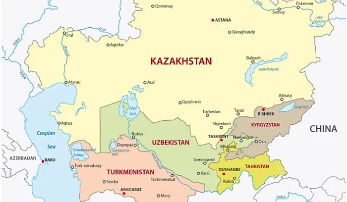 Map labeling central asia countries and regions